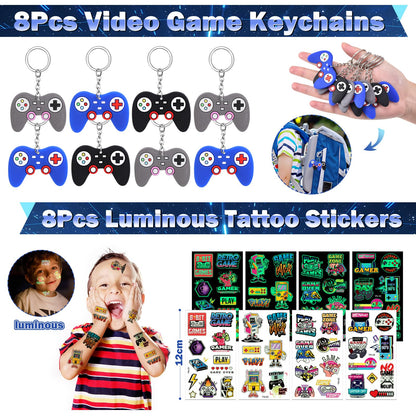 Video game party favors for kids' birthdays: straws, silicone bracelets, gift bags, stamps, gamer controller keychains, VIP pass stickers. Great giveaways for children!