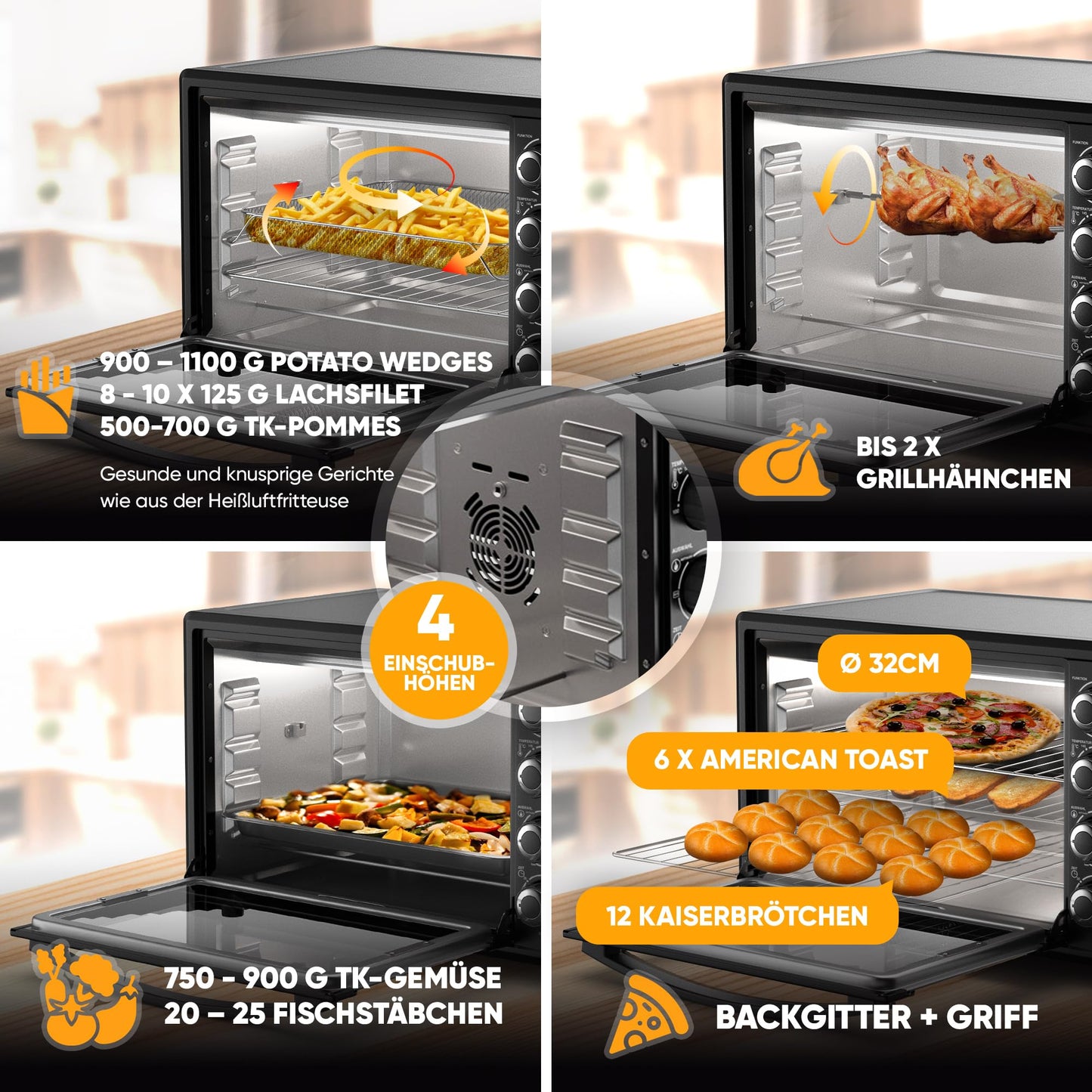 Stillstern Mini Convection Oven 45L (DE Version) Pizza Ø32, CYCLONE PRO+ non-stick coating, Defrost function, 2h timer, Camping Mini Convection Oven Pizza Oven Mini Oven small Rotisserie Chicken Grill with spit