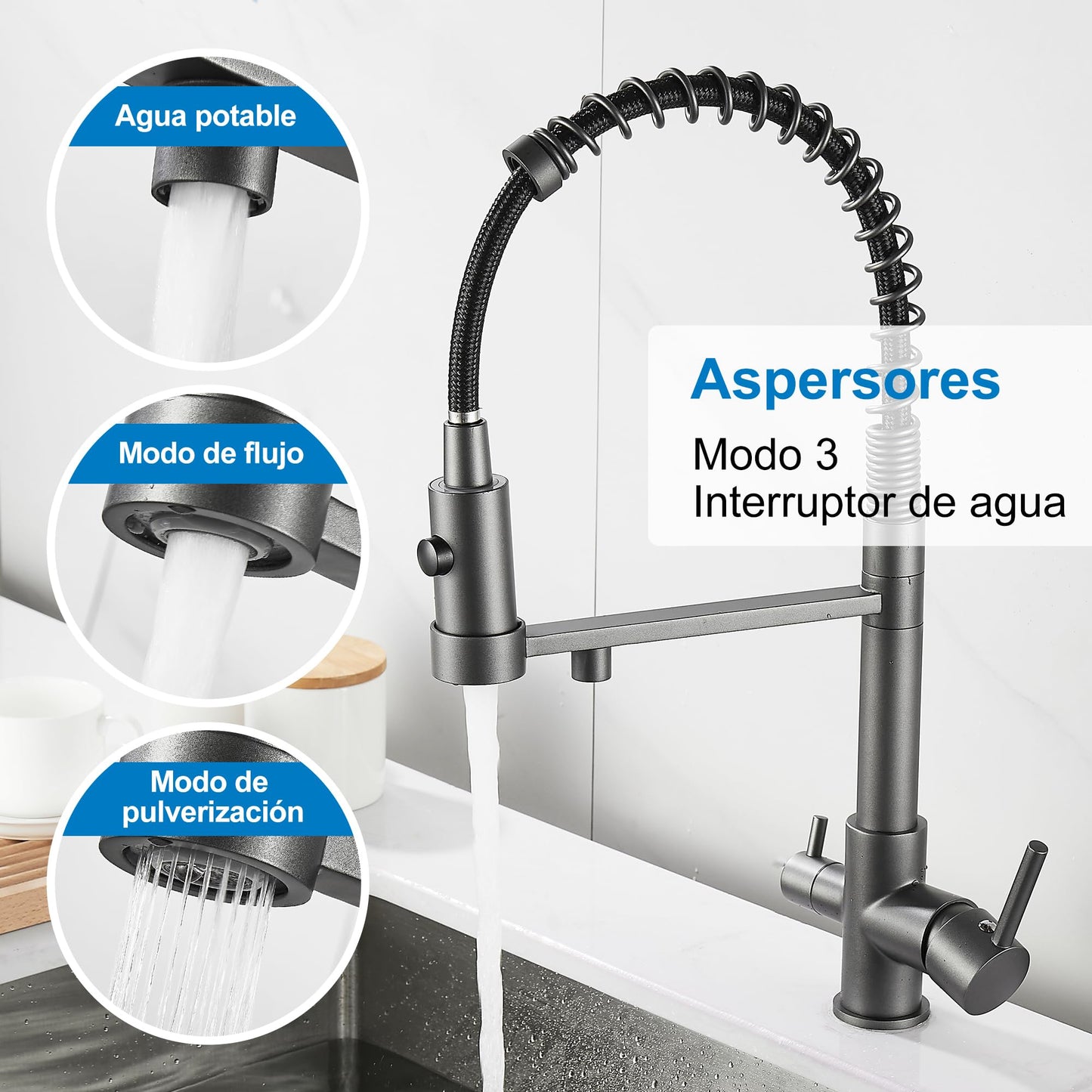 3 Way Kitchen Faucet, Pull-Out Kitchen Tap, Brass Sink Tap, 3 in 1 Mixing Faucet for Water Filter (gray)