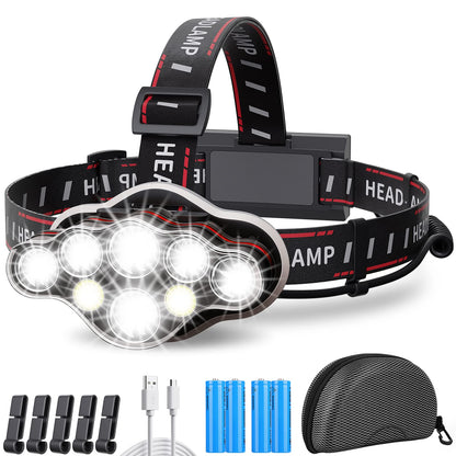 MLIAIMCE Headlamp, Super Bright rechargeable LED Headlamp 18000 Lumens 8 LED 8 Modes with red warning light Headlamp, IPX4 Waterproof, Perfect for Camping, Fishing, Outdoor, Jogging, Work, Hiking