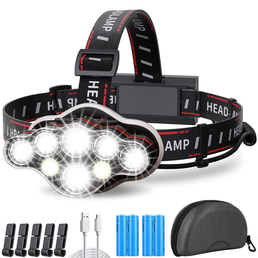 MLIAIMCE Headlamp, Super Bright rechargeable LED Headlamp 18000 Lumens 8 LED 8 Modes with red warning light Headlamp, IPX4 Waterproof, Perfect for Camping, Fishing, Outdoor, Jogging, Work, Hiking