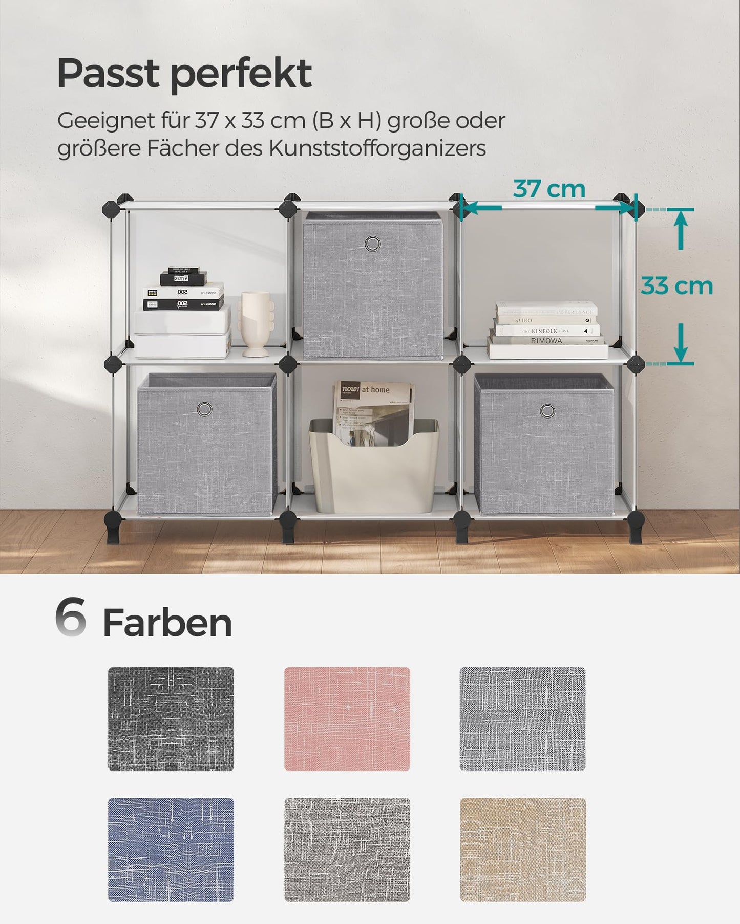 SONGMICS Storage Box, Set of 6, Storage Boxes made of non-woven fabric with handles, Storage Boxes, 30 x 30 x 30 cm, Organizer Box, for cube shelf, foldable box, clothes storage, grey marl RFB02LG-3.