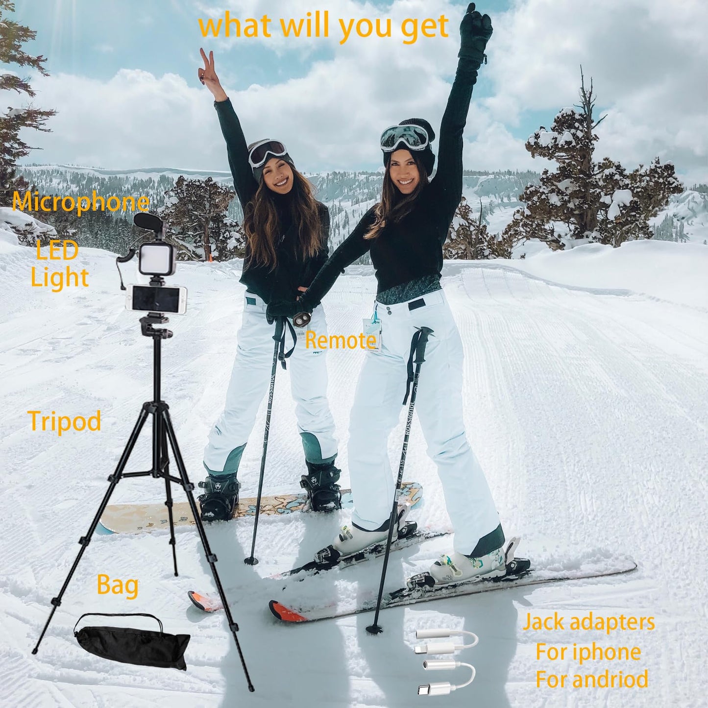 Smartphone video kit, vlogging kit, YouTuber kit, with microphone light tripod, 50 inches, extendable phone clip remote, compatible with iPhone/smartphone/cameras.