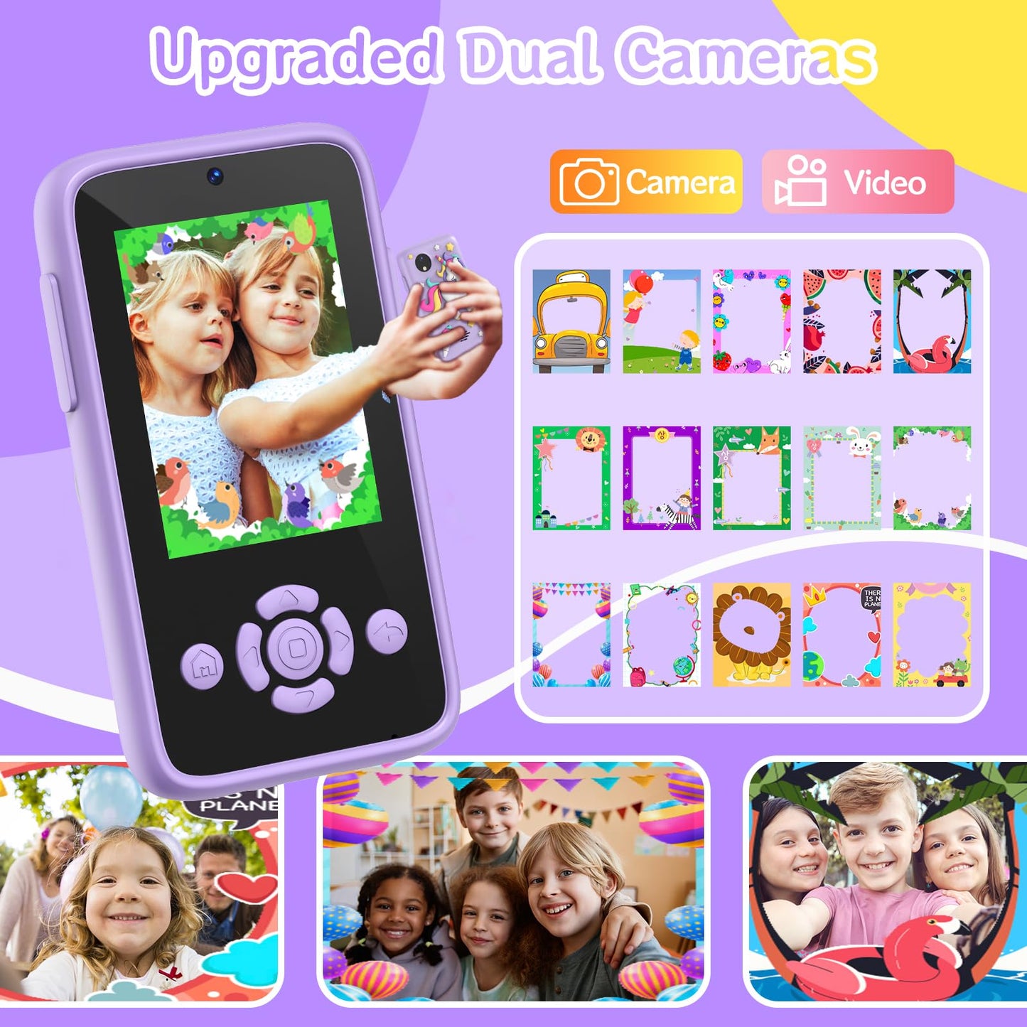 Children's mobile phone with music and games, 2.4" display kids camera with dual camera, 1080P HD kids phone with 32GB SD card, Christmas birthday unicorn gifts toy for 3-12 year old girls (purple)