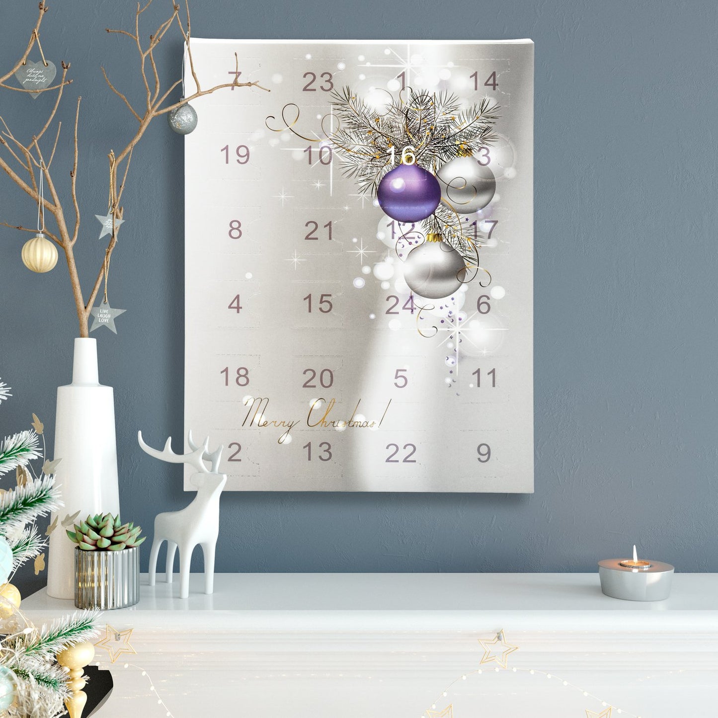 VALIOSA Merry Christmas Fashion Jewelry Advent Calendar with necklace, bracelet + 22 individual glass & metal bead pendants, a special gift for girls & women, purple, 24-piece set.