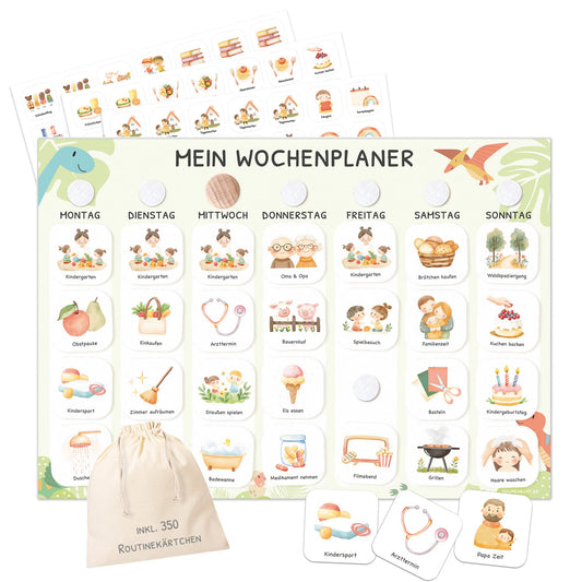 Children's weekly planner with Velcro dots in A4 format, Montessori daily schedule with 350 routine cards - visual routine planner for kids, family planner for more structure in everyday life (dino)