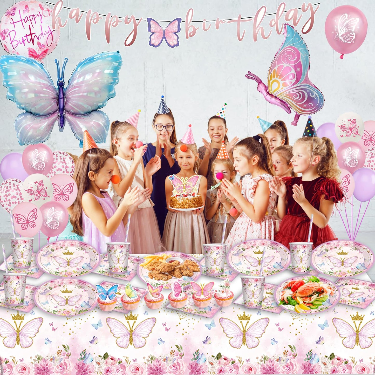 Butterfly party tableware set for birthday - decorations, balloons, paper plates, tablecloth for girls' party decoration - 16 guests