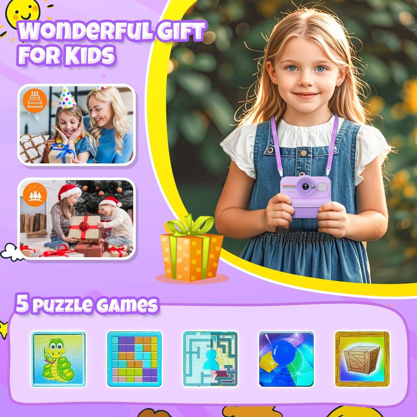 HiMont kids camera instant camera, 1080P instant camera for kids with 32GB card & 3 rolls of print paper, fun kids toy gifts for boys & girls aged 3-12.
