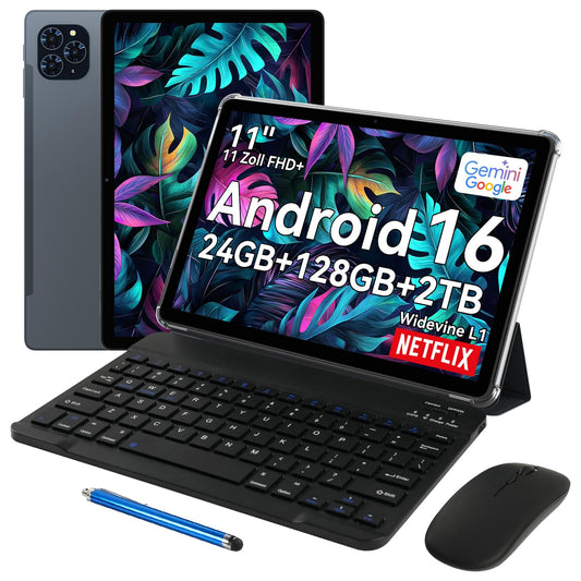 TABWEE T90 Android 16 Tablet with Keyboard - Gemini AI, 24GB RAM+128GB ROM, Octa Core T615, Gaming Tablet 11 Inch, 1920x1200 FHD+IPS, 8000mAh Battery, 13MP+5MP AI Camera, 5G WiFi, Widevine L1, GPS