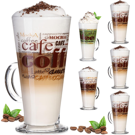 PLATINUX Coffee Glasses with design max. 280ml Set of 6 made of glass Latte Macchiato Glasses with handle Cappuccino Glasses
