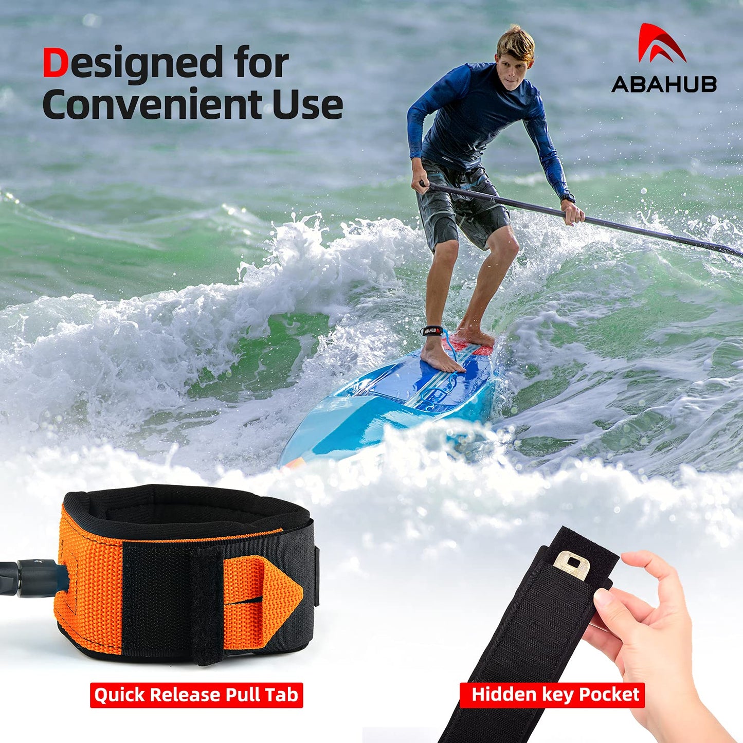 Abahub SUP Leash, SUP accessory, surfboard leash for SUP board safety, 10ft 7mm leash for adults in orange.