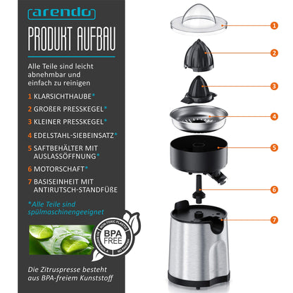Arendo - electric orange juicer & citrus press stainless steel - juice container 200 ml - start-stop automatic - with 2 press cones - including clear hood - GS tested safety.