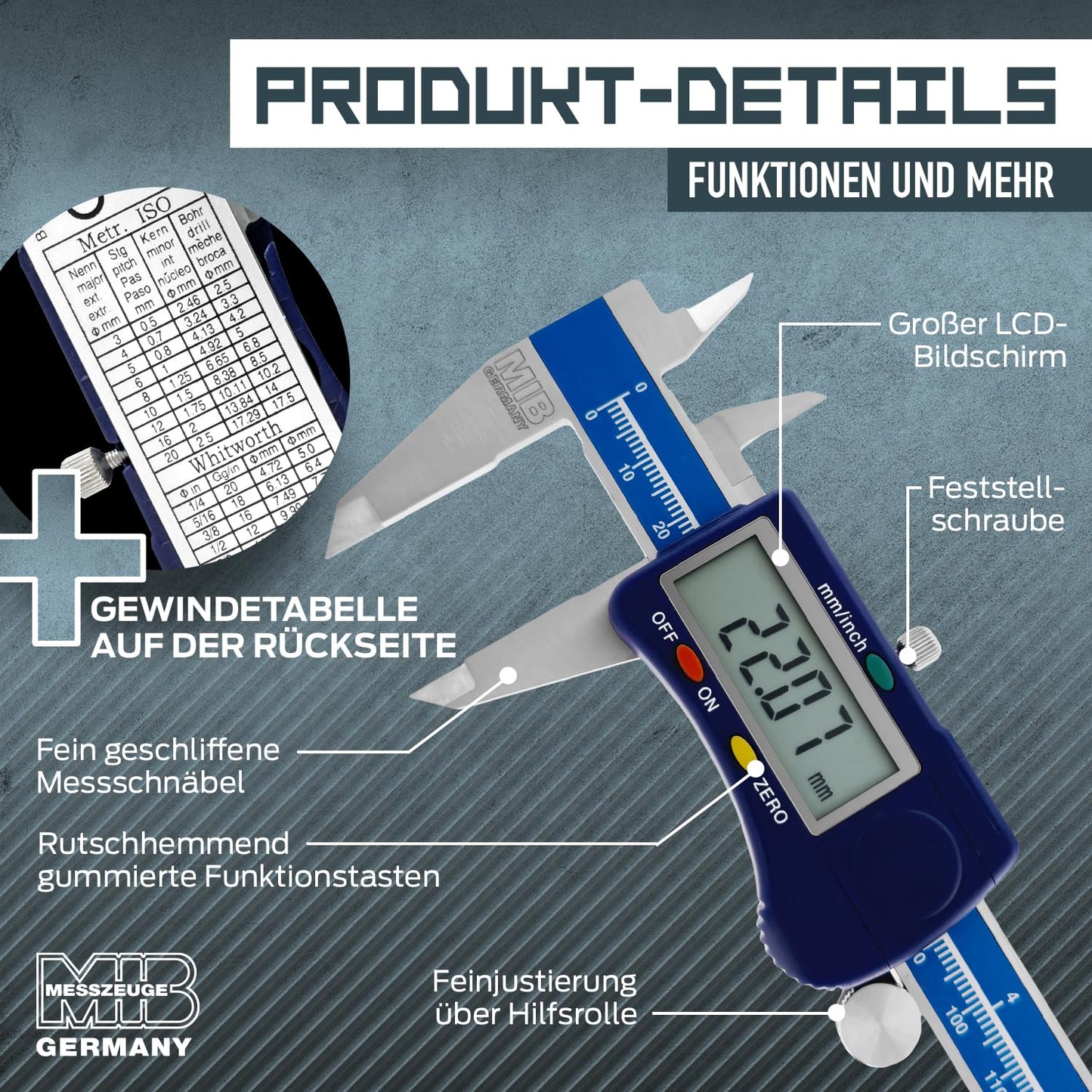 MIB Digital Caliper with Wheel DIN 862 300mm | Tool for precise measurements | Digital caliper made of stainless steel | Digital sliding caliper with large LCD display | 4-way measurement
