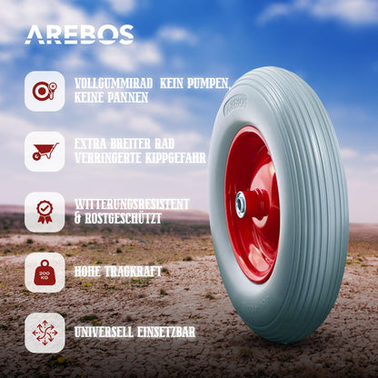 Arebos wheelbarrow wheel made of puncture-proof PU solid rubber. Load capacity 200 kg. Tire with steel rim. 4.80/4.00-8. Replacement wheel with axle. Diameter 390 mm. Grey.