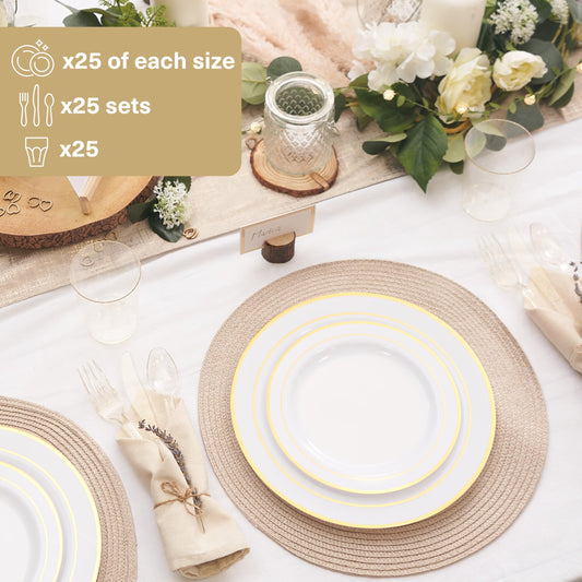 MATANA 150 Piece Reusable Party Tableware Set in White & Gold for 25 Guests - 25 Plastic Plates, 25 Dessert Plates, 25 Spoons, 25 Forks, 25 Knives, & 25 Party Cups - Weddings, Birthdays & Parties