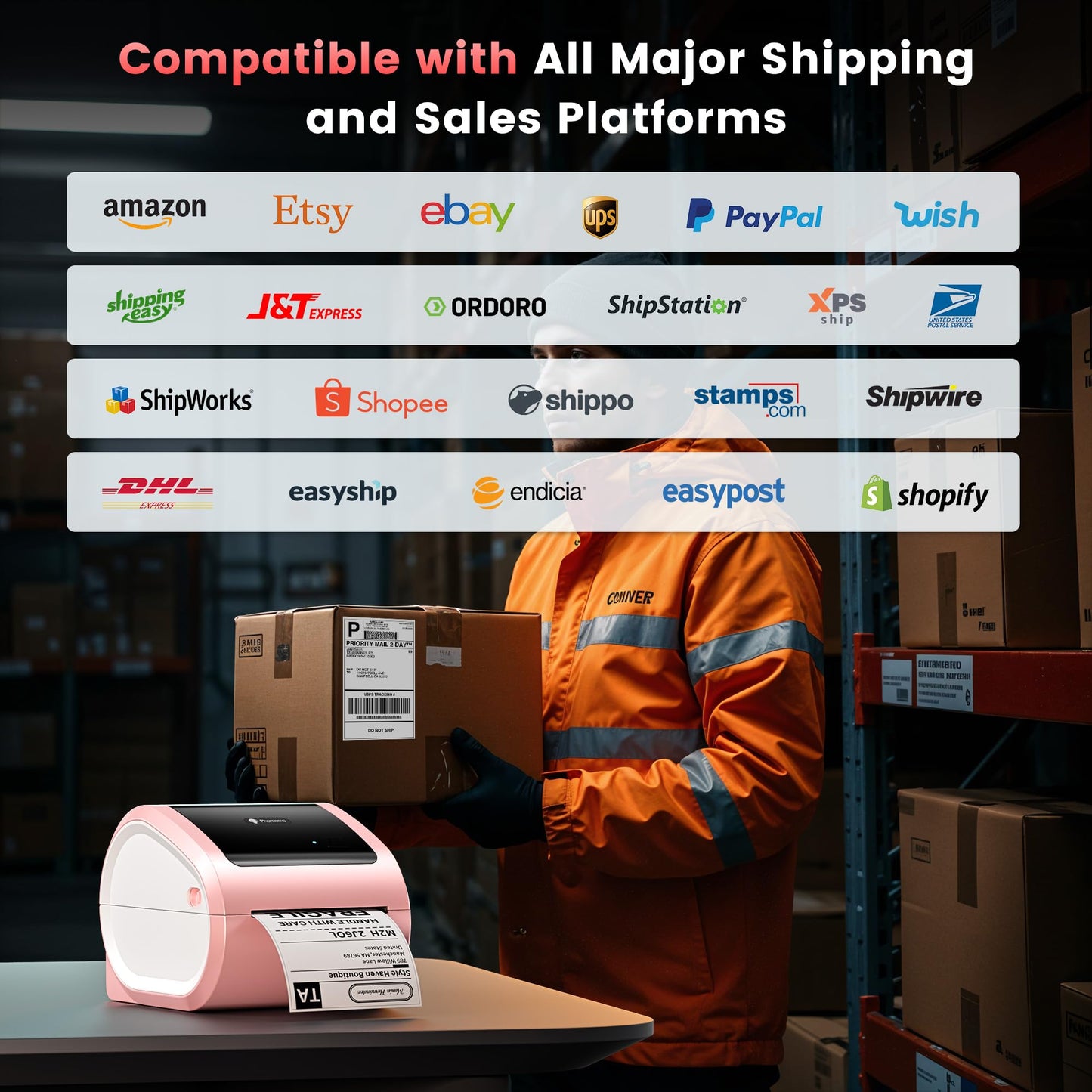 Phomemo D520BT Bluetooth thermal printer - DHL label printer for 4X6 labels, barcode shipping labels compatible with Ebay,Amazon,Etsy,Shopify, UPS,FedEx etc, Pink.