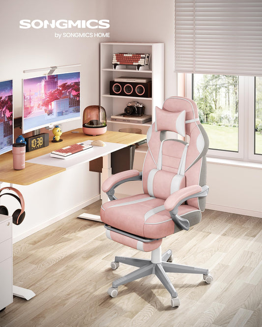 SONGMICS Office Chair with Adjustable Footrest, Headrest, Lumbar Pillow, Height Adjustment, Ergonomic Design, Reclining Backrest, Supports up to 150 kg, Pastel Pink and Cream White OBG073P01