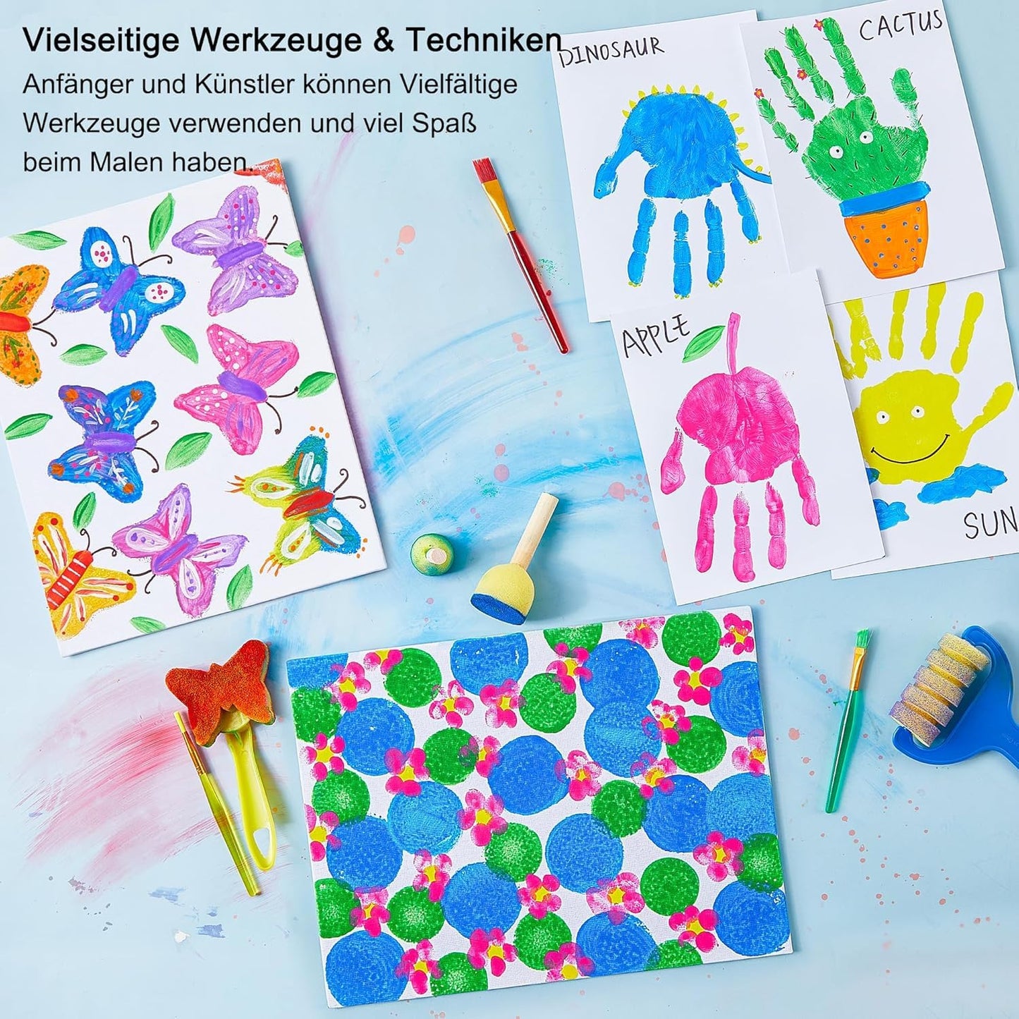 Shuttle Art 53-piece finger paint kids non-toxic craft set with 14 colors (60ml each) finger paints for kids, brushes, finger paint coloring book, sponge, sponge spatula, palette, painting set for kids.