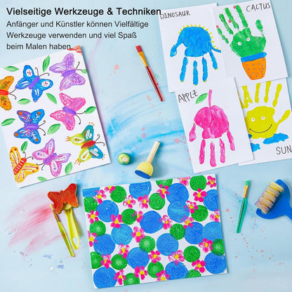 Shuttle Art 53-piece finger paint kids non-toxic craft set with 14 colors (60ml each) finger paints for kids, brushes, finger paint coloring book, sponge, sponge spatula, palette, painting set for kids.