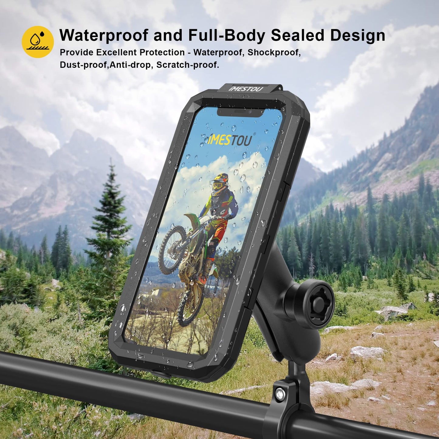 iMESTOU waterproof motorcycle phone mount bike phone holder 1" ball handlebar stem mobile holder anti-theft 720° rotation aluminum base for 5.5"-6.8" cellphones (L)