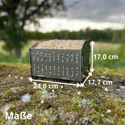 USEFUL SWEDEN Pellet Burning Basket - Burn wood pellets in a wood stove or open fireplace, Swedish steel, 17.7 x 24.0 x 17.0 cm dimensions, 2kg, emergency camping stove