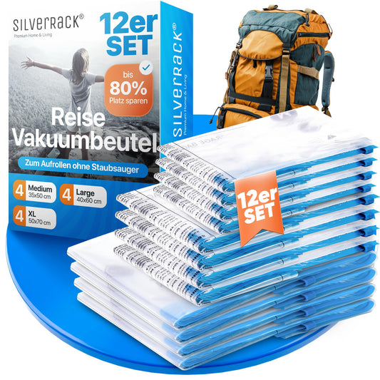 SilverRack travel vacuum bags for rolling [12 pieces] in 3 sizes (4x 35x50 cm / 4x 40x60 cm / 4x 50x70 cm) - Travel vacuum bags for clothes - Vacuum clothes bags - Clothes vacuum storage bags.