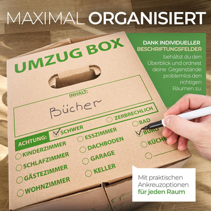 10 x sturdy moving boxes - 620 x 300 x 330 mm - Extra large and reusable - Moving box with 40kg load capacity - Moving with cardboard box - Robust moving box with lid - Storage boxes