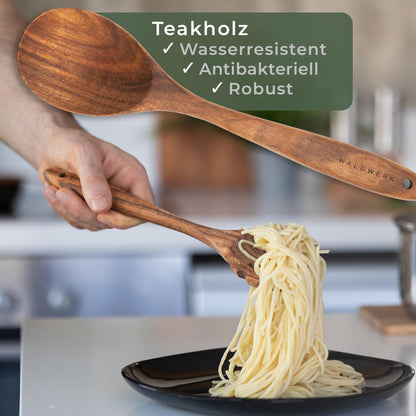 FORESTWORK Kitchen Utensil Set made of wood - 9-Piece With tongs, whisk, spatula, spoon, and pasta ladle - Cooking utensils