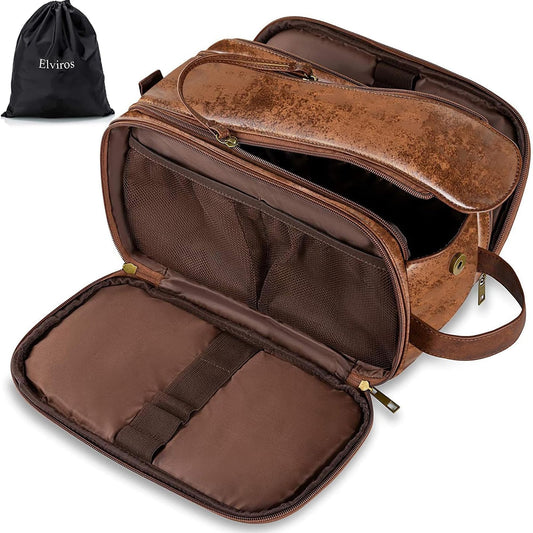 Elviros men's toiletry bag, PU leather waterproof travel large opening toiletry bag, suitable for travel, business trip, fitness, bathroom, dark brown, size: L