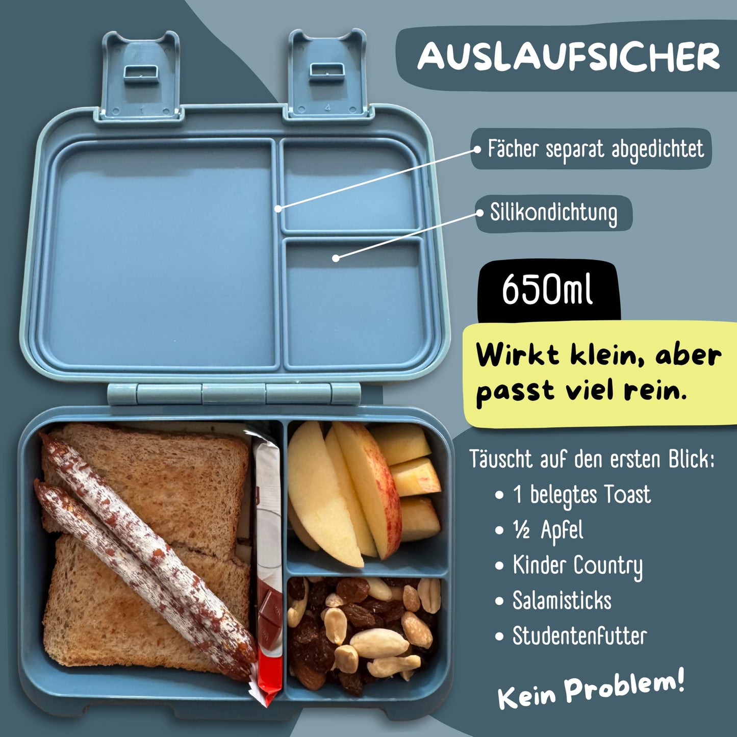 BEARFOOT Bento Box COMPACT | BPA-free kids lunchbox for school & kindergarten | Leak-proof lunchbox for girls & boys | Convenient, lightweight & compact (Tractor-blue, 650ml)