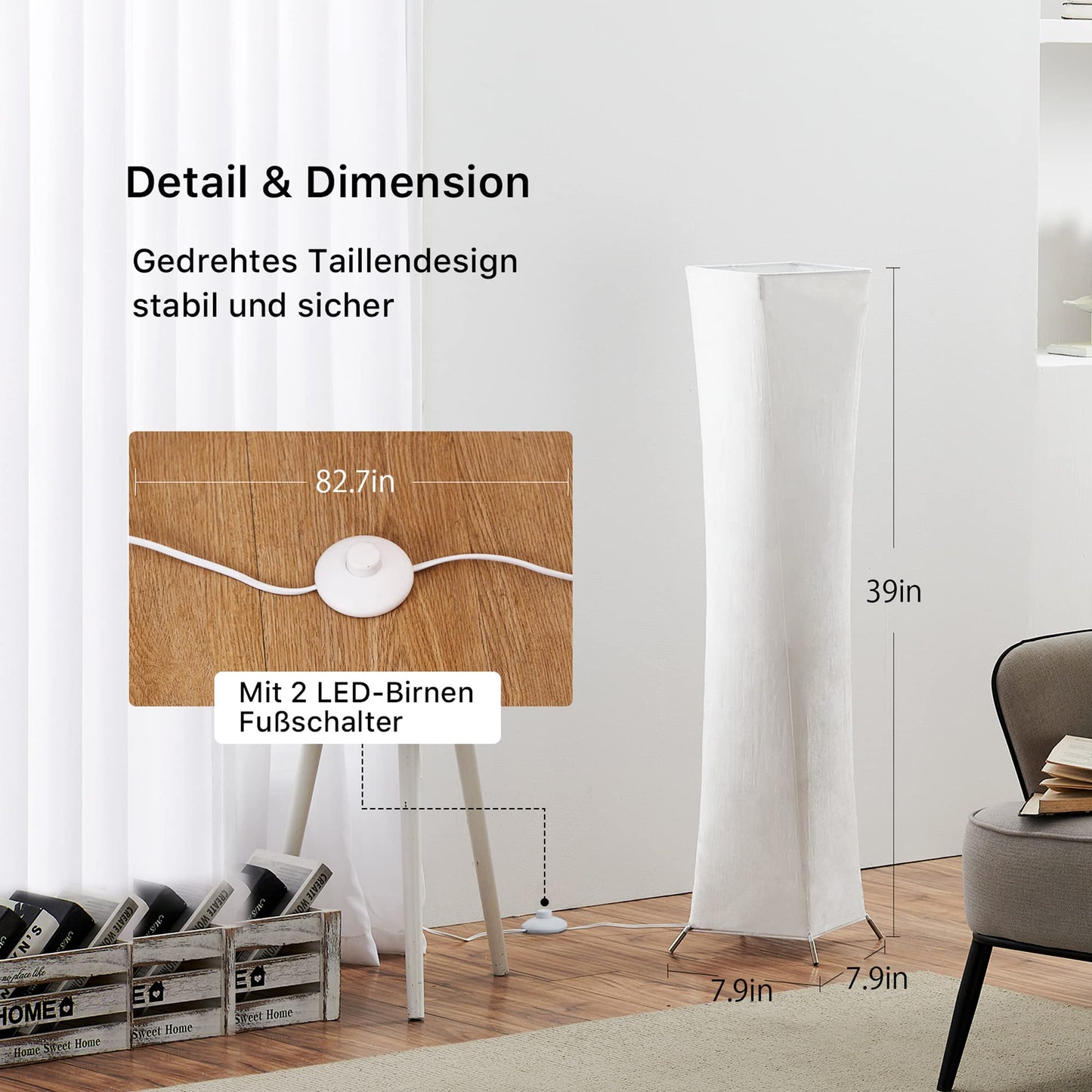 chiphy floor lamp, dimmable, 137 cm (S) tall, 3 levels of adjustable brightness, 12 W x 2 LED bulbs, column floor lamp with white fabric shade, for bedroom, nursery