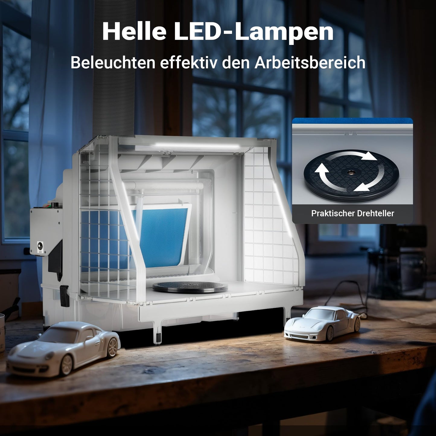 XPOtool airbrush extraction system with water wall 11m³/min, waterfall water shield with LED, and fan for extracting paint mist, high-quality spray booth for airbrush work.