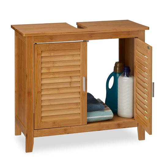 Relaxdays Bathroom Vanity Cabinet LAMELL, 2 doors, sink & washbasin, bamboo & MDF, HxWxD: 60 x 67 x 30 cm, natural