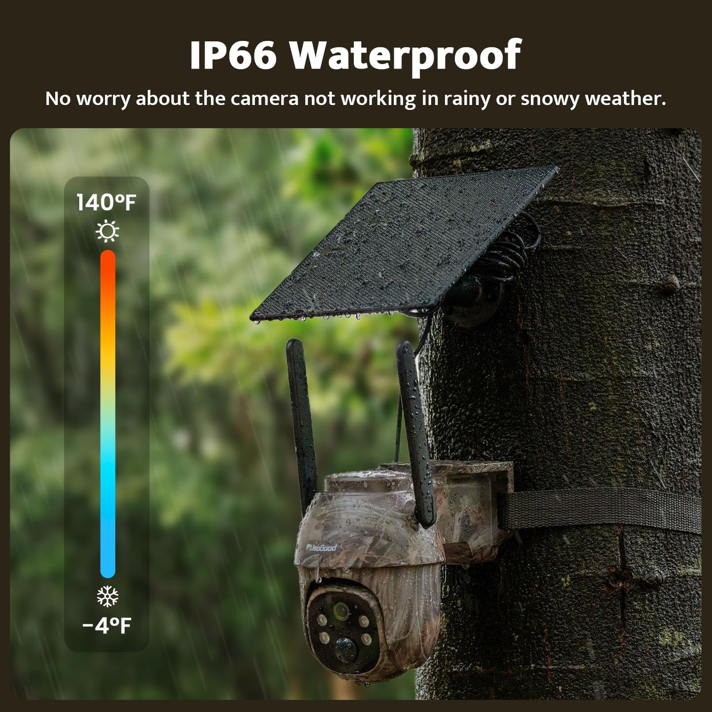 usogood 4G LTE Solar Wild Camera, 360° 2K Wildlife Camera with unlimited data plan, SIM card 32GB memory card, phone transfer app, IP66 waterproof.