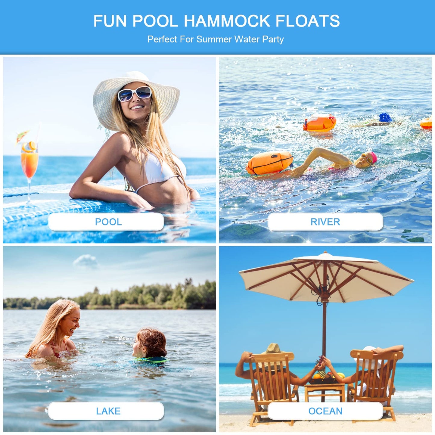 Inflatable pool water hammock for adults. Relax and have fun on this pool accessory with a net. Great for the pool, sea, beach, or lake. Fits 3 persons. Enjoy the water!