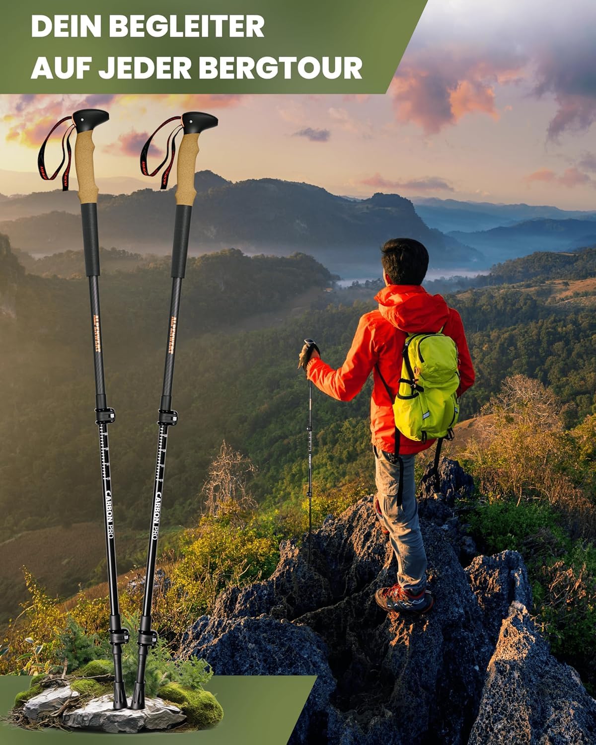 ALPENWERT - Hiking Poles [Carbon & Aluminium] Walking poles for women and men - Telescopic trekking poles with cork grip for hiking, Nordic walking, and ski tours (ultralight carbon)