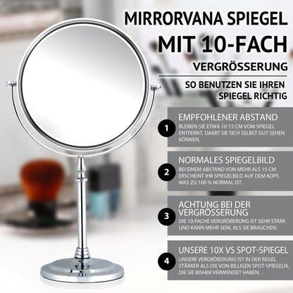 Mirrorvana cosmetic mirror with 10x magnification, double-sided tabletop mirror 360° swivel, makeup mirror 10x and 1x for bathroom, standing mirror 20 cm