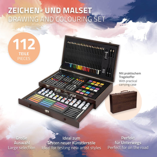 ECD Germany art set with 112 pieces for drawing and painting. Includes wooden carrying case, colored pencils, oil and acrylic paints, pastels, watercolors, and accessories for artists of all ages.