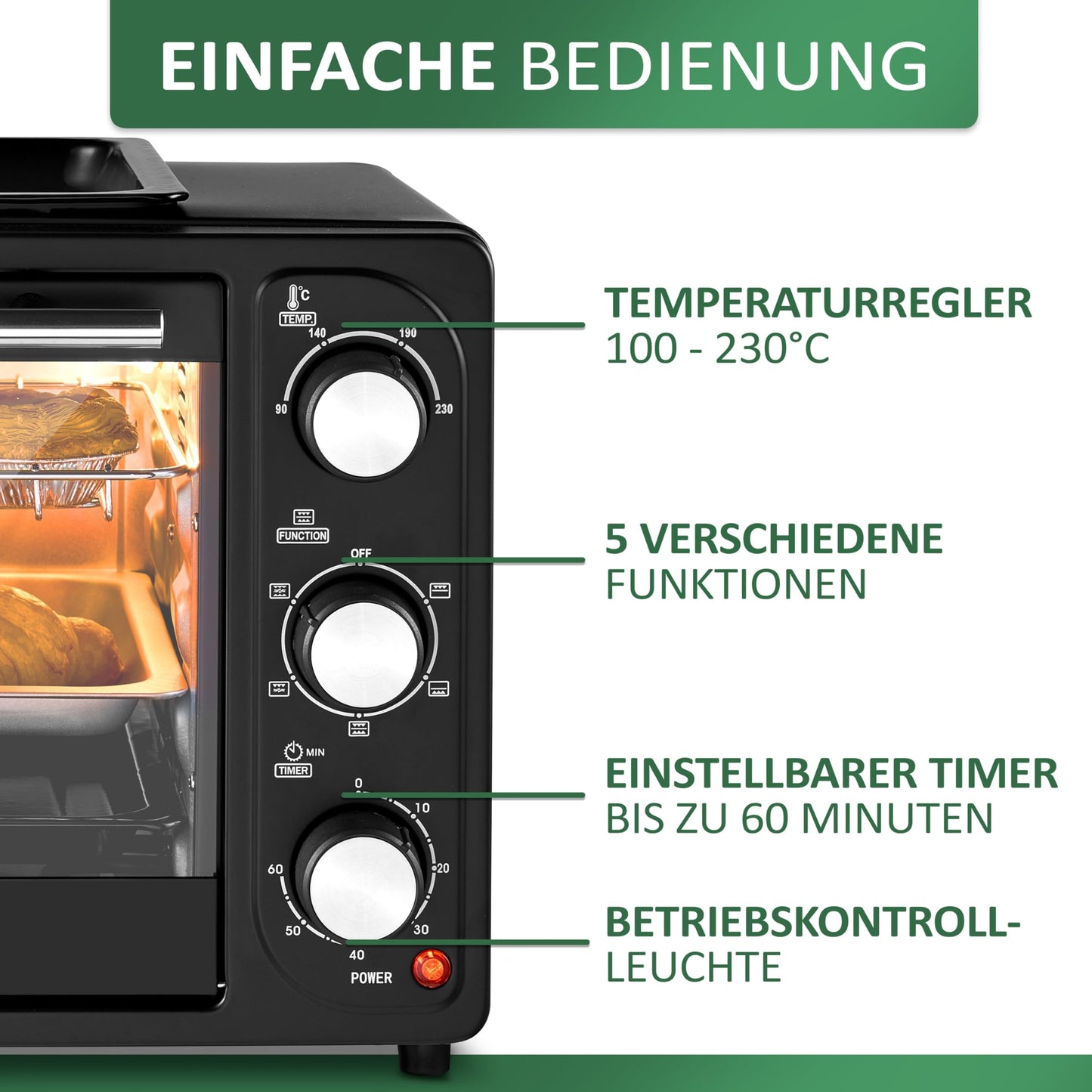 3in1 Mini Oven 20 liters with convection including warming plate | 2 baking trays + grill rack | Mini Oven | Pizza Oven | switchable fan | removable grill plate | 60 min timer | 1300W