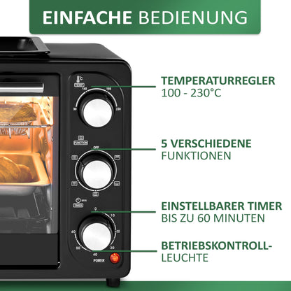 3in1 Mini Oven 20 liters with convection including warming plate | 2 baking trays + grill rack | Mini Oven | Pizza Oven | switchable fan | removable grill plate | 60 min timer | 1300W