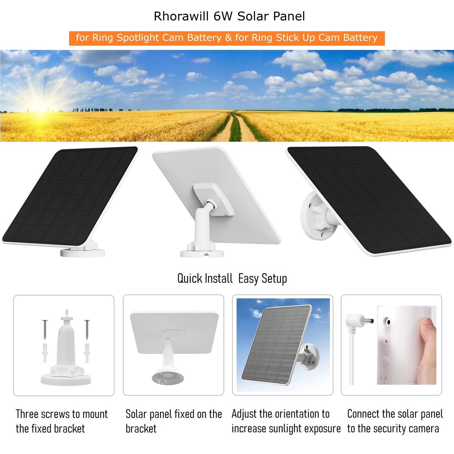 6W solar panel for Ring camera, compatible with Ring solar panels, Ring camera solar panel compatible with Ring Spotlight Cam Battery & Ring Stick Up Cam Battery with barrel plug 3m charging cable IP65 5V solar charger