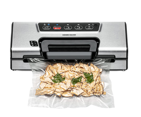 ROMMELSBACHER vacuum sealer VAC 385, 12 liters/minute, one-hand operation, roll storage, strong sealing seam, hose connection for containers, automatic & manual vacuuming and sealing, stainless steel