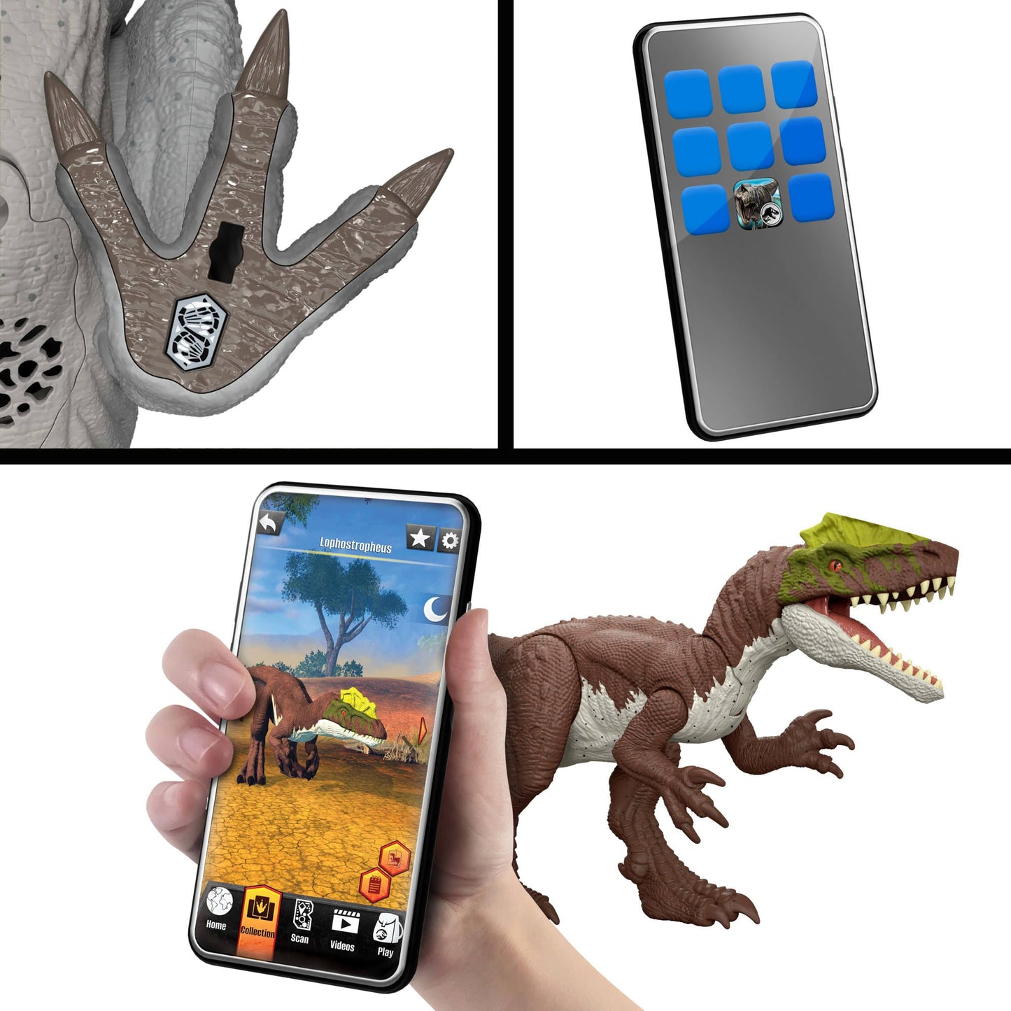 Mattel Jurassic World: The Rebirth Wild Roar Baryonyx dinosaur toy with controllable biting attack in multiple directions and roaring sound, digital gameplay options, JGC79