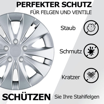 15-inch wheel caps - Silver hubcaps 4-piece set of 13-16 inches - Stormer wheel trims for steel rims - Decorative caps in black or silver - Wheel covers for car wheels