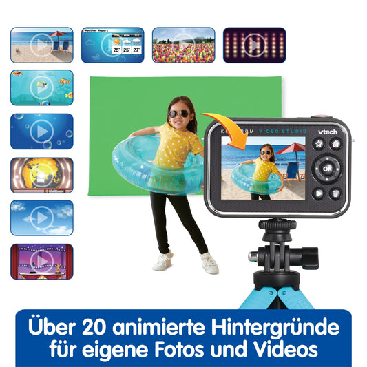 Vtech Kidizoom Video Studio HD blue - Children's camera with greenscreen, tripod, effects, selfie lens, and much more - For children aged 5-12 years.