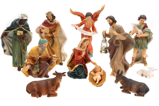 ELLUG nativity set 11 pieces, height up to 19cm Lantern with light, Nativity scene figures Nativity accessories Christmas decoration, made of Polyresin
