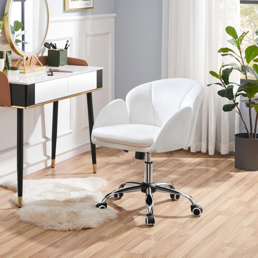 Yaheetech Home Office Chair Vanity Chair Desk Chair Height Adjustable Swivel Chair up to 136 kg Capacity, Velvet Chair with Armrests and Backrest for Bedroom Office Living Room, White