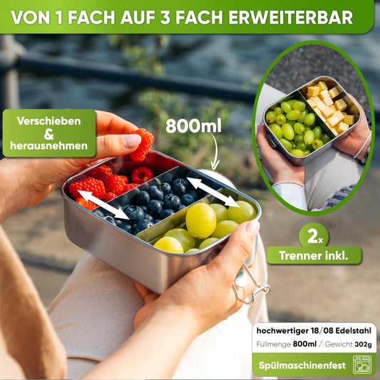 Log cabin premium stainless steel lunch box I 800ml I for kids includes 3 compartments and spare seal I The storage container with 2 dividers is leakproof I Small snack box
