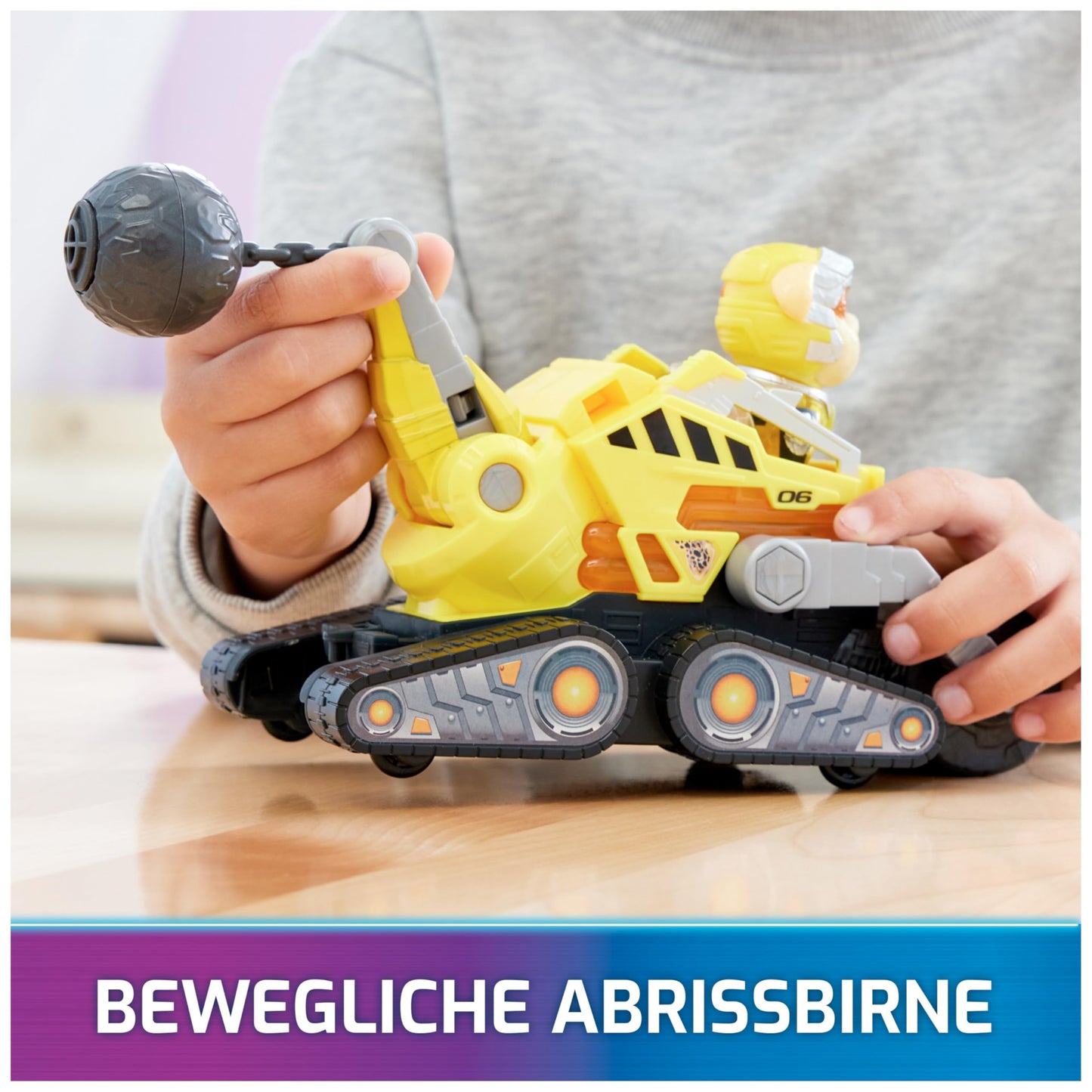 PAW Patrol: The Mighty Movie, superhero base vehicle by Rubble with puppy figure, construction vehicle with light and sound effects, toy suitable for children ages 3 and up.