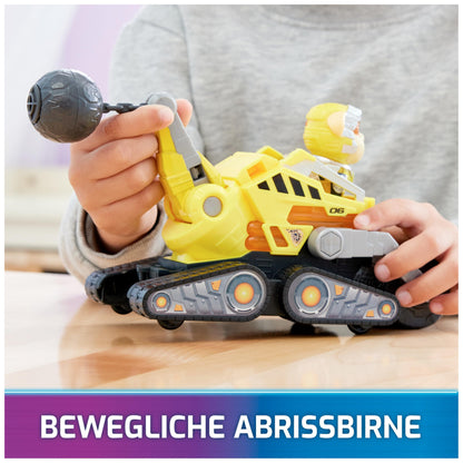 PAW Patrol: The Mighty Movie, superhero base vehicle by Rubble with puppy figure, construction vehicle with light and sound effects, toy suitable for children ages 3 and up.